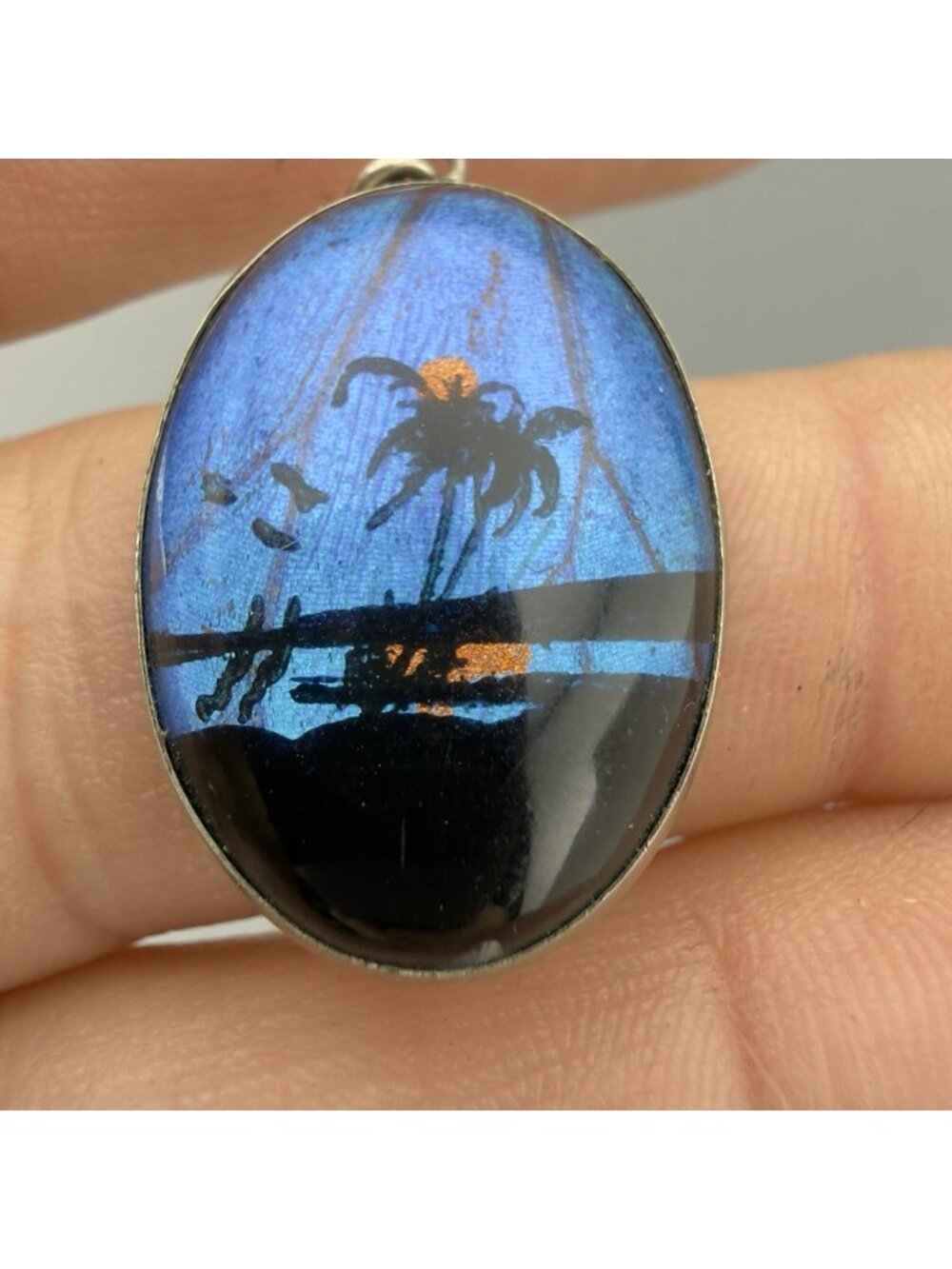 Sterling Silver Morpho Butterfly Wing Island Scene Pendant 1”